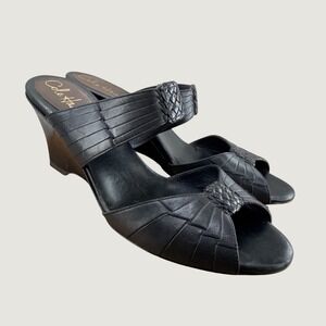 Cole Haan Wedge Sandals Womens 8 Black Leather Peep Toe Slide Minimalist Office